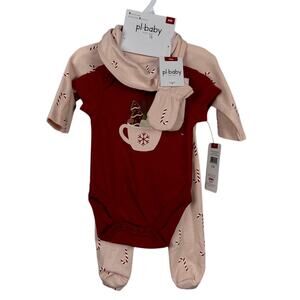 Nordstrom Holiday Set One Piece Pants Top Bib Mits Pink Candy Cane NB Christmas